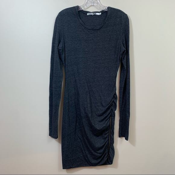 Pam & Gela Midi Zipper Twisted/Ruched Long Sleeve Charcoal Gray Dress - Picture 2 of 8